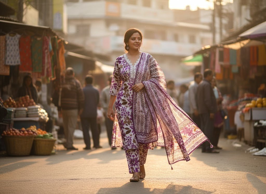 Pink Floral Printed Kurti Pant Dupatta Set for Women | Elegant Cotton Daily & Festive Ethnic Wear - Pink Floral Kurti - Breakup Clothes
