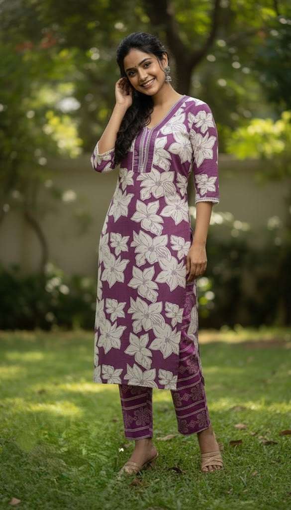 PURPLE PURE COTTON KURTI WITH BOTTOM WEAR - purple kurti - Breakup Clothes