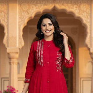 Red Embroidered Kurti Set for Women | Festive A - Line Cotton Ethnic Wear - Breakup Clothes