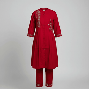 Red Embroidered Kurti Set for Women | Festive A - Line Cotton Ethnic Wear - Breakup Clothes