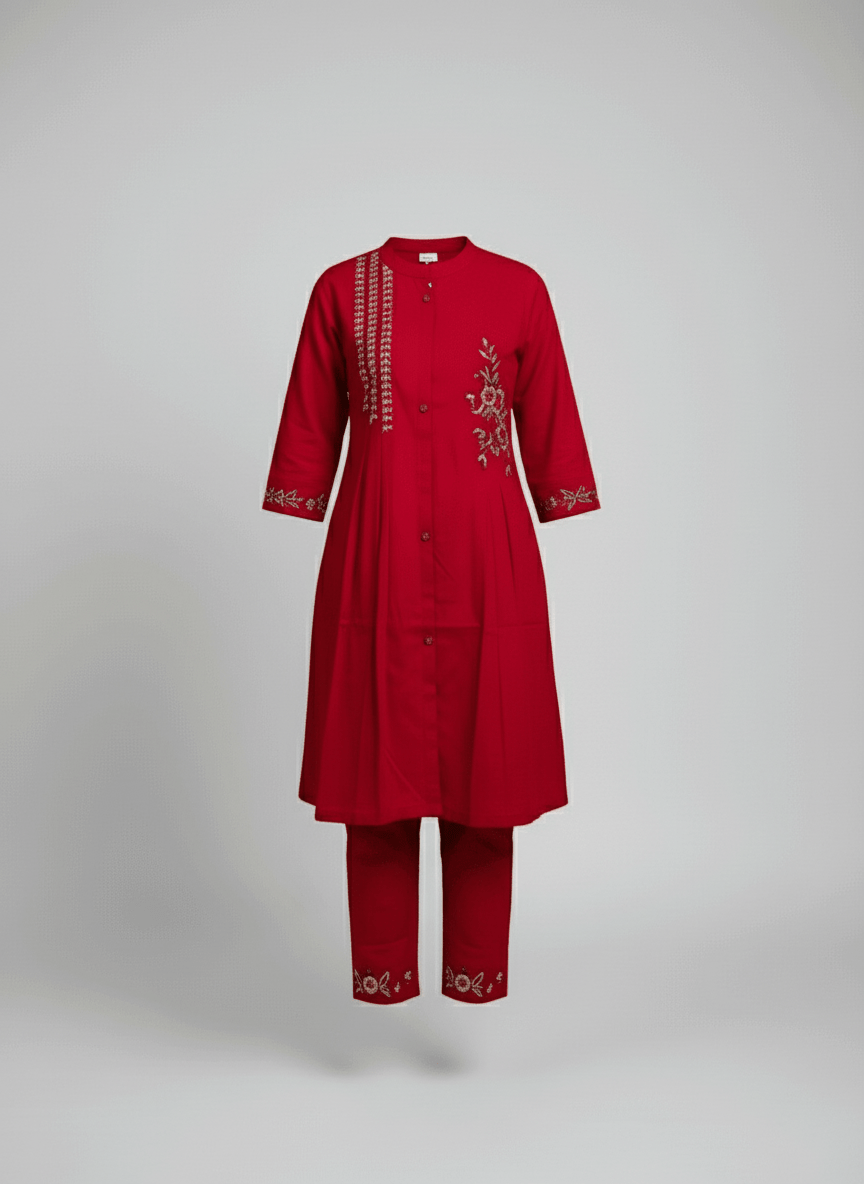 Red Embroidered Kurti Set for Women | Festive A - Line Cotton Ethnic Wear - Breakup Clothes