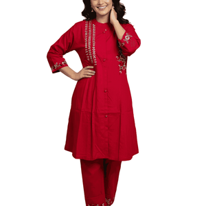 Red Embroidered Kurti Set for Women | Festive A - Line Cotton Ethnic Wear - Breakup Clothes