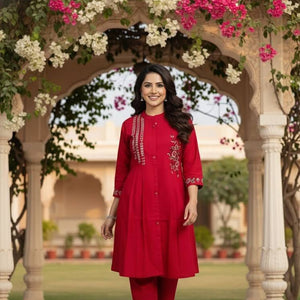 Red Embroidered Kurti Set for Women | Festive A - Line Cotton Ethnic Wear - Breakup Clothes