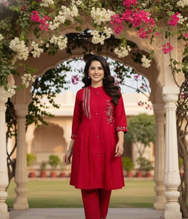Red Embroidered Kurti Set for Women | Festive A - Line Cotton Ethnic Wear - Breakup Clothes