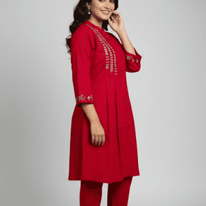 Red Embroidered Kurti Set for Women | Festive A - Line Cotton Ethnic Wear - Breakup Clothes