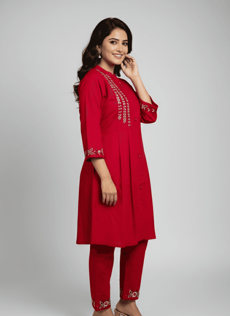 Red Embroidered Kurti Set for Women | Festive A - Line Cotton Ethnic Wear - Breakup Clothes