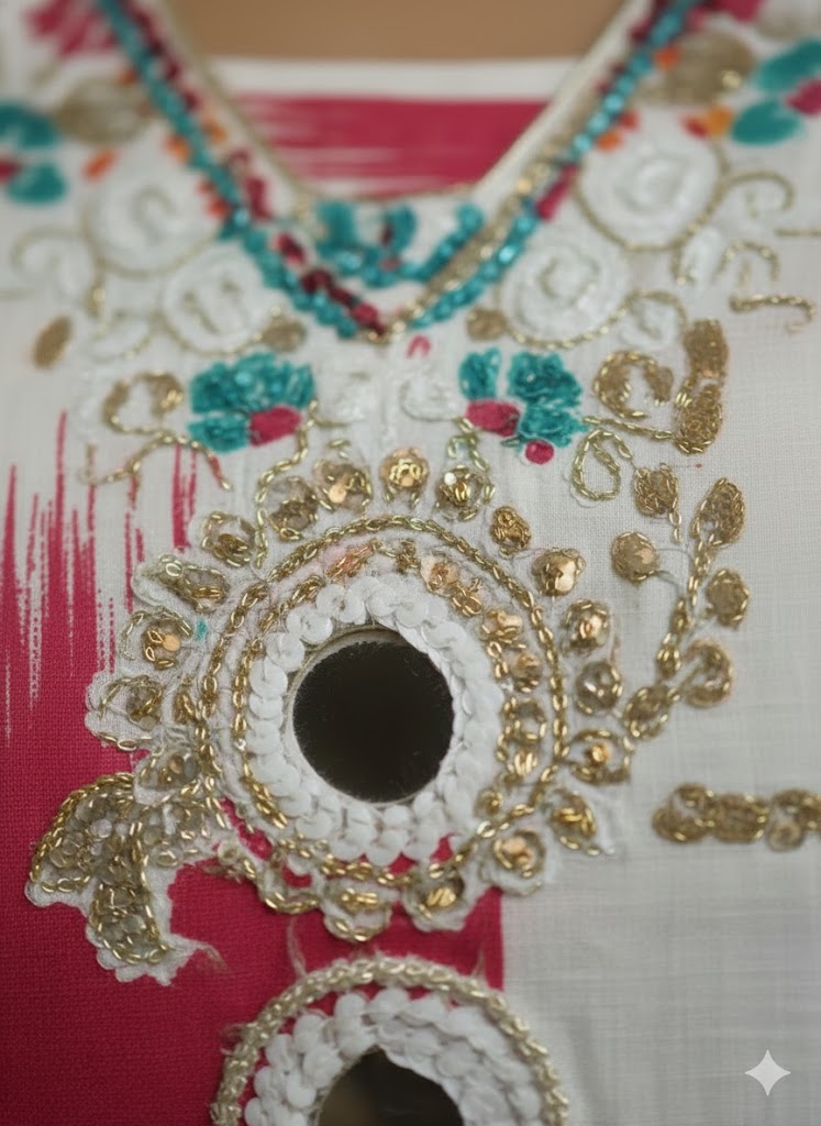 Multicolor Floral Printed Kurti for Women | Embellished Neck Designer Cotton Kurta