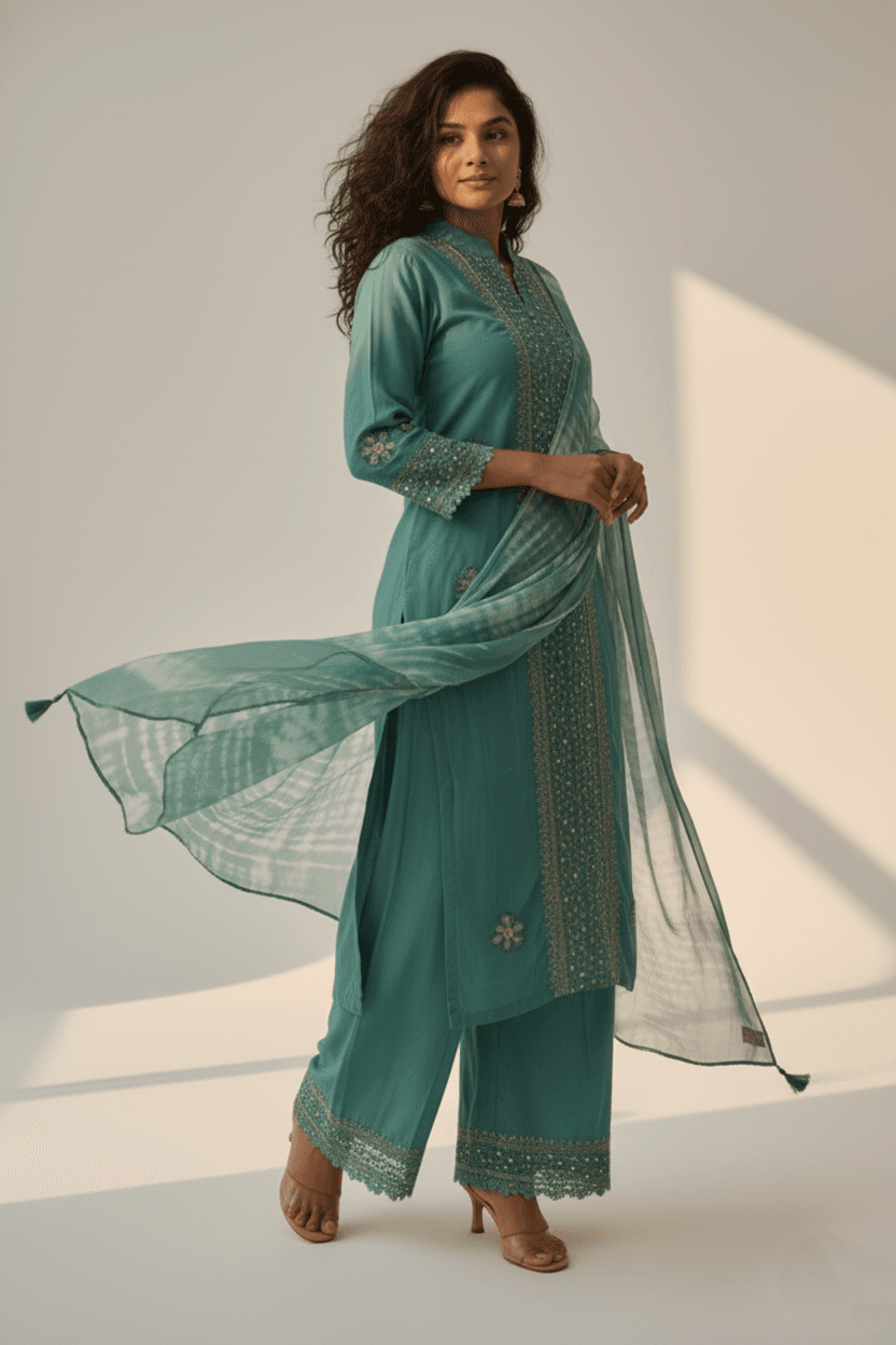 Sea Green Embellished Kurti Set for Women | Festive & Party Wear Ethnic Set - Breakup Clothes