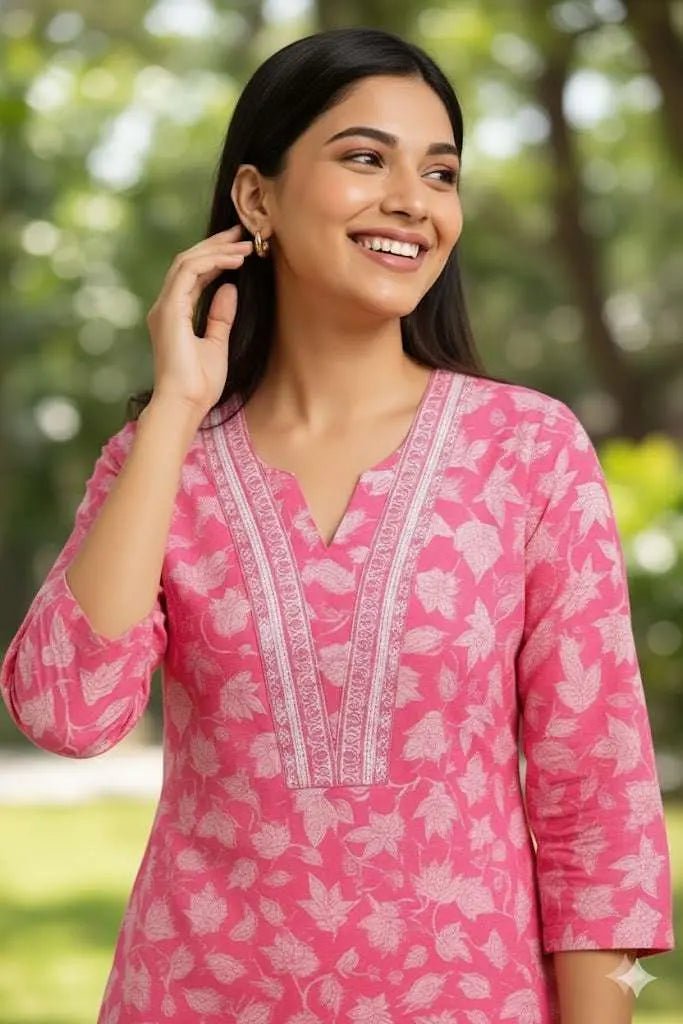Shop Pink Cotton Kurti Pants Set: Stylish & Comfortable Outfit - Breakup Clothes