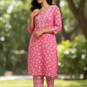 Shop Pink Cotton Kurti Pants Set: Stylish & Comfortable Outfit - Breakup Clothes