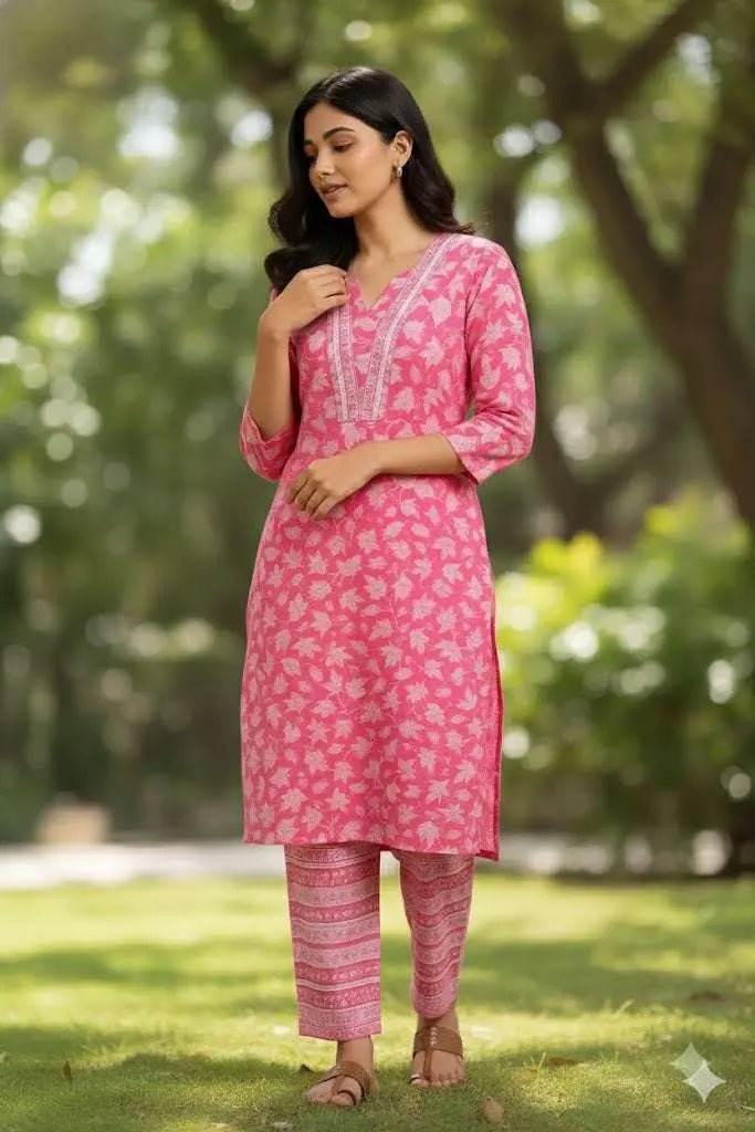 Shop Pink Cotton Kurti Pants Set: Stylish & Comfortable Outfit - Breakup Clothes