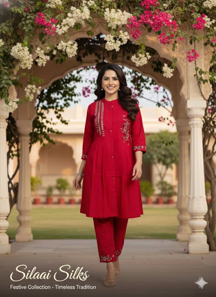 Red Embroidered Kurti Set for Women | Festive A-Line Cotton Ethnic Wear