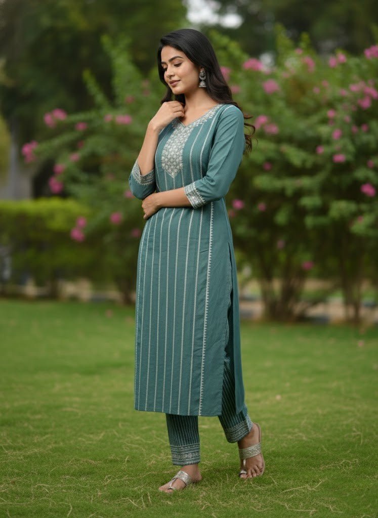 Teal Embroidered Cotton Kurti for Women | Elegant Daily & Office Wear - teal kurti - Breakup Clothes