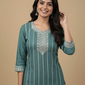 Teal Embroidered Cotton Kurti for Women | Elegant Daily & Office Wear - teal kurti - Breakup Clothes