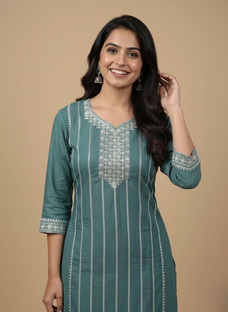 Teal Embroidered Cotton Kurti for Women | Elegant Daily & Office Wear - teal kurti - Breakup Clothes