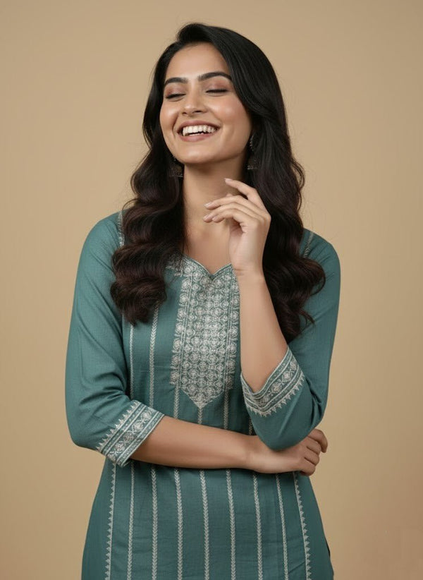 Teal Embroidered Cotton Kurti for Women | Elegant Daily & Office Wear - teal kurti - Breakup Clothes