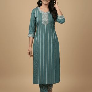 Teal Embroidered Cotton Kurti for Women | Elegant Daily & Office Wear - teal kurti - Breakup Clothes