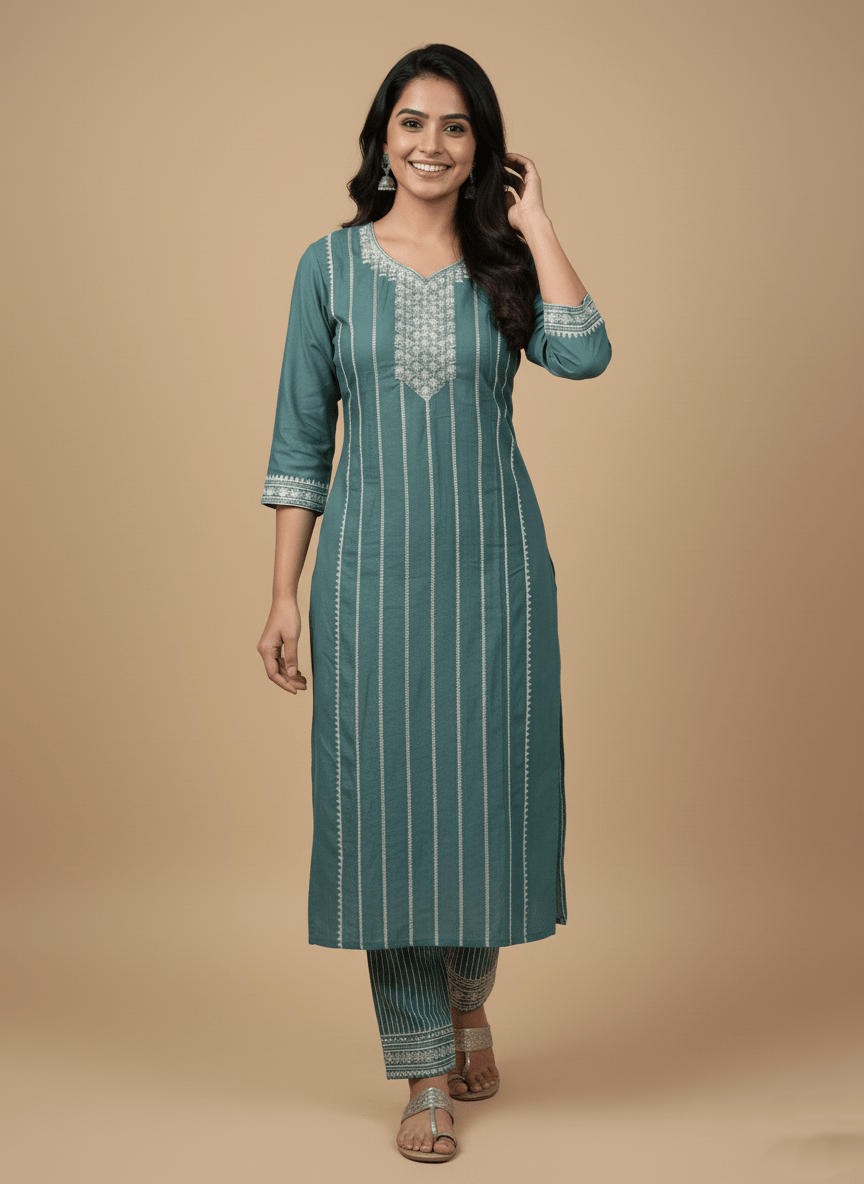 Teal Embroidered Cotton Kurti for Women | Elegant Daily & Office Wear - teal kurti - Breakup Clothes