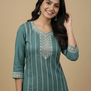 Teal Embroidered Cotton Kurti for Women | Elegant Daily & Office Wear - teal kurti - Breakup Clothes