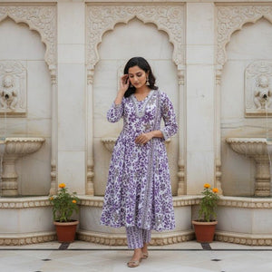 Pink Floral Printed Kurti Pant Dupatta Set for Women | Elegant Cotton Daily & Festive Ethnic Wear