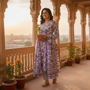 Pink Floral Printed Kurti Pant Dupatta Set for Women | Elegant Cotton Daily & Festive Ethnic Wear