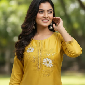 Mustard Floral Printed Cotton Kurti for Women | Stylish Daily Wear Long Straight Kurta