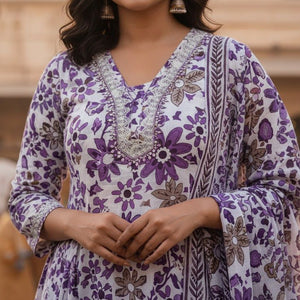 Pink Floral Printed Kurti Pant Dupatta Set for Women | Elegant Cotton Daily & Festive Ethnic Wear