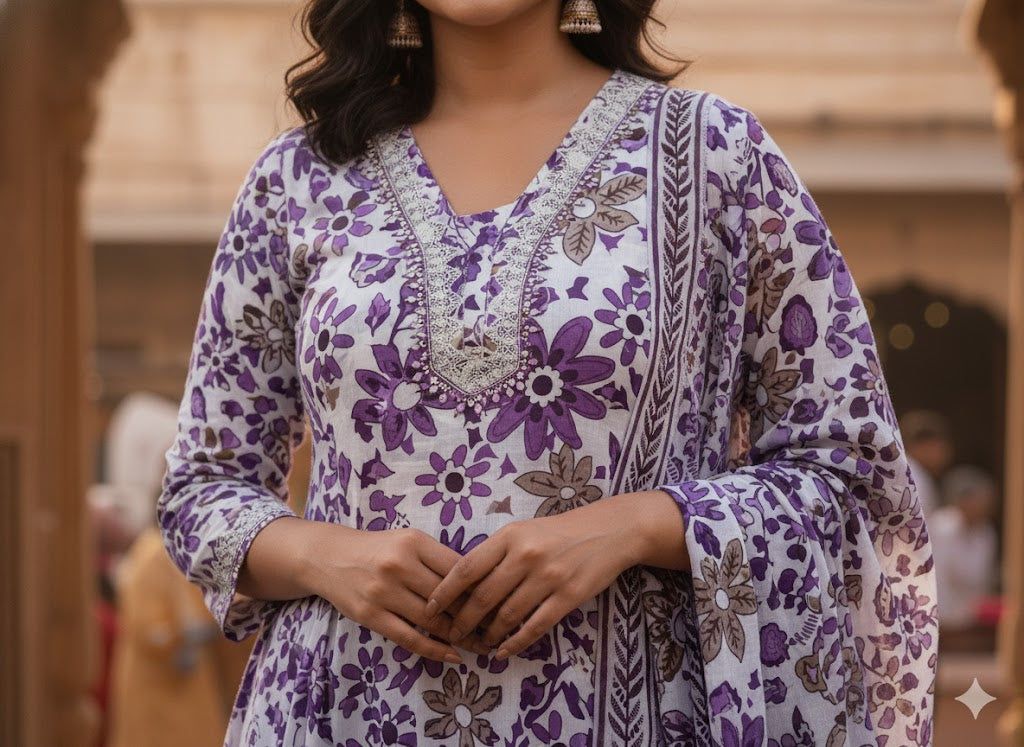 Pink Floral Printed Kurti Pant Dupatta Set for Women | Elegant Cotton Daily & Festive Ethnic Wear