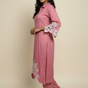 Pink Embroidered Cotton Kurti Set for Women | Elegant Floral Design Traditional Wear