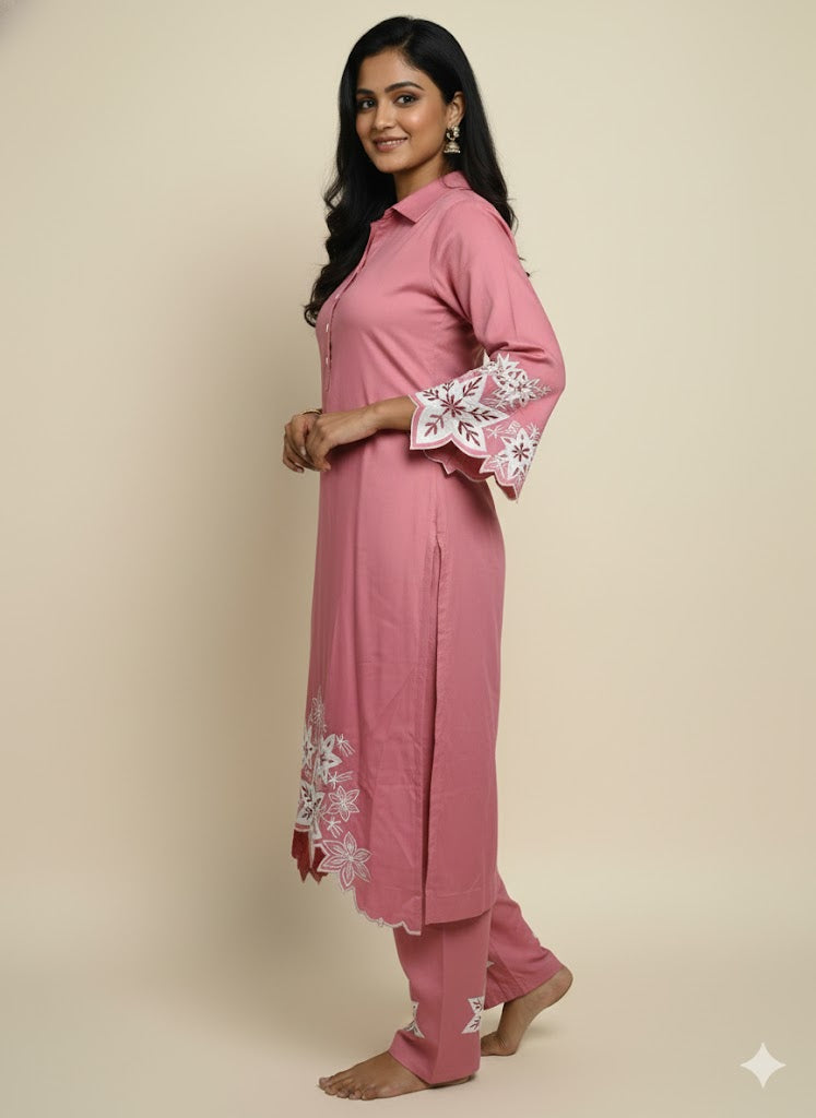 Pink Embroidered Cotton Kurti Set for Women | Elegant Floral Design Traditional Wear