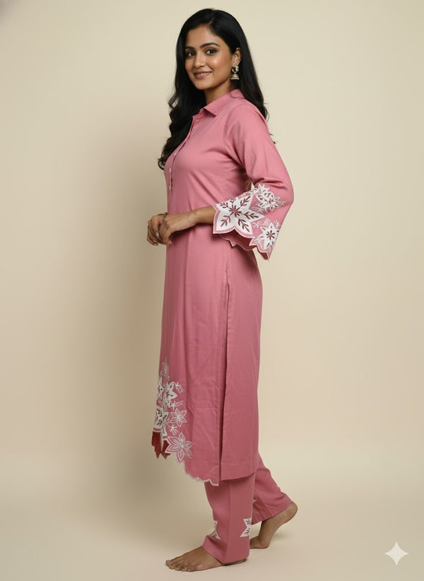Pink Embroidered Cotton Kurti Set for Women | Elegant Floral Design Traditional Wear