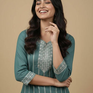 Teal Embroidered Cotton Kurti for Women | Elegant Traditional Daily Wear Kurta