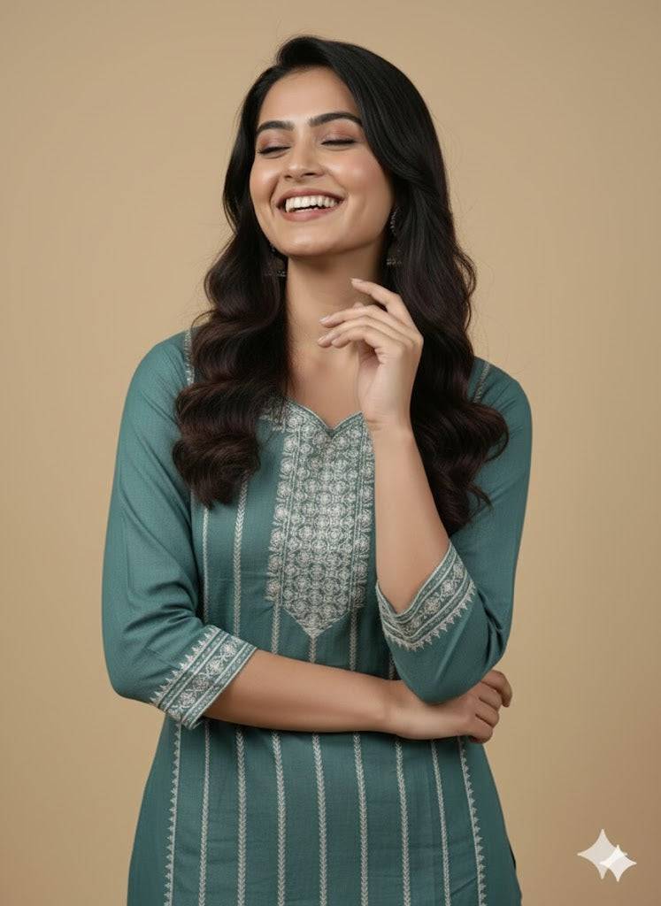 Teal Embroidered Cotton Kurti for Women | Elegant Traditional Daily Wear Kurta