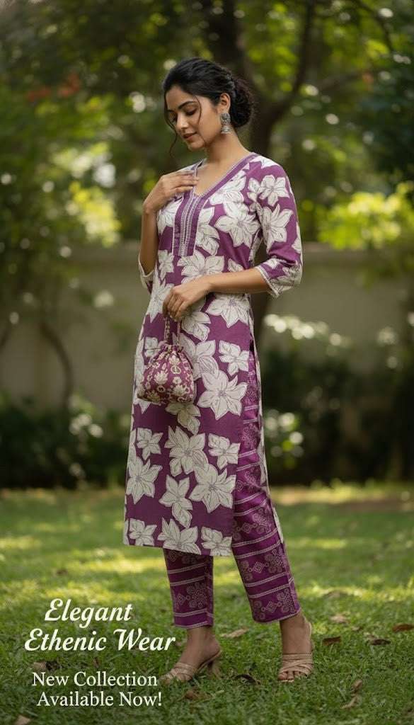 PURPULE PURE COTTON KURTI WITH BOTTOM WEAR