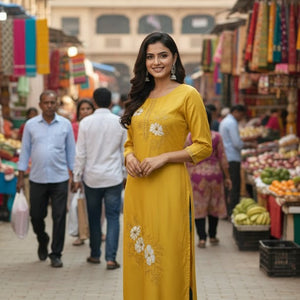 Mustard Floral Printed Cotton Kurti for Women | Stylish Daily Wear Long Straight Kurta