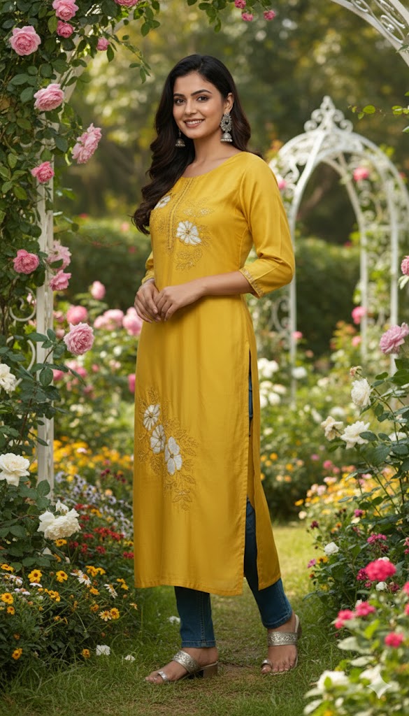 Mustard Floral Printed Cotton Kurti for Women | Stylish Daily Wear Long Straight Kurta