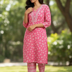 Shop Pink Cotton Kurti Pants Set: Stylish & Comfortable Outfit