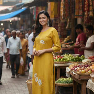 Mustard Floral Printed Cotton Kurti for Women | Stylish Daily Wear Long Straight Kurta