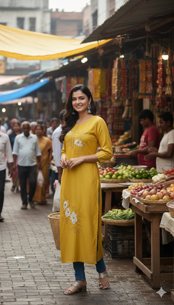 Mustard Floral Printed Cotton Kurti for Women | Stylish Daily Wear Long Straight Kurta