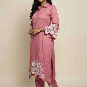 Pink Embroidered Cotton Kurti Set for Women | Elegant Floral Design Traditional Wear