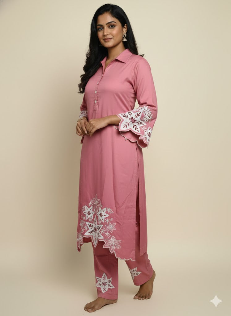 Pink Embroidered Cotton Kurti Set for Women | Elegant Floral Design Traditional Wear