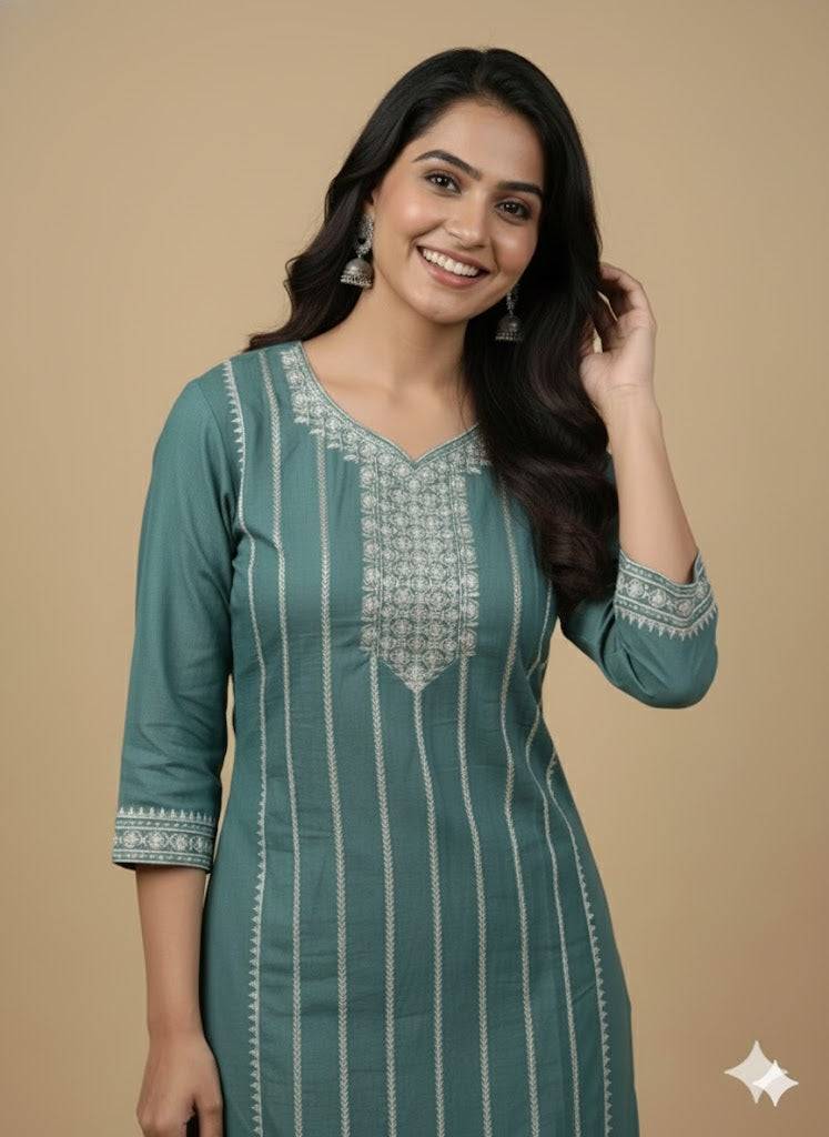Teal Embroidered Cotton Kurti for Women | Elegant Traditional Daily Wear Kurta