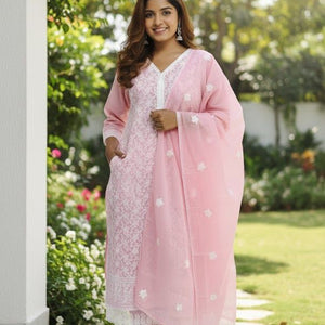 Pink Embroidered Kurti Pant Dupatta Set for Women | Elegant Pastel Traditional Ethnic Wear