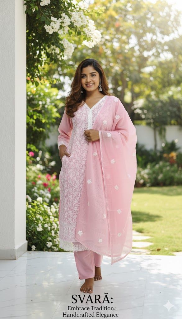 Pink Embroidered Kurti Pant Dupatta Set for Women | Elegant Pastel Traditional Ethnic Wear