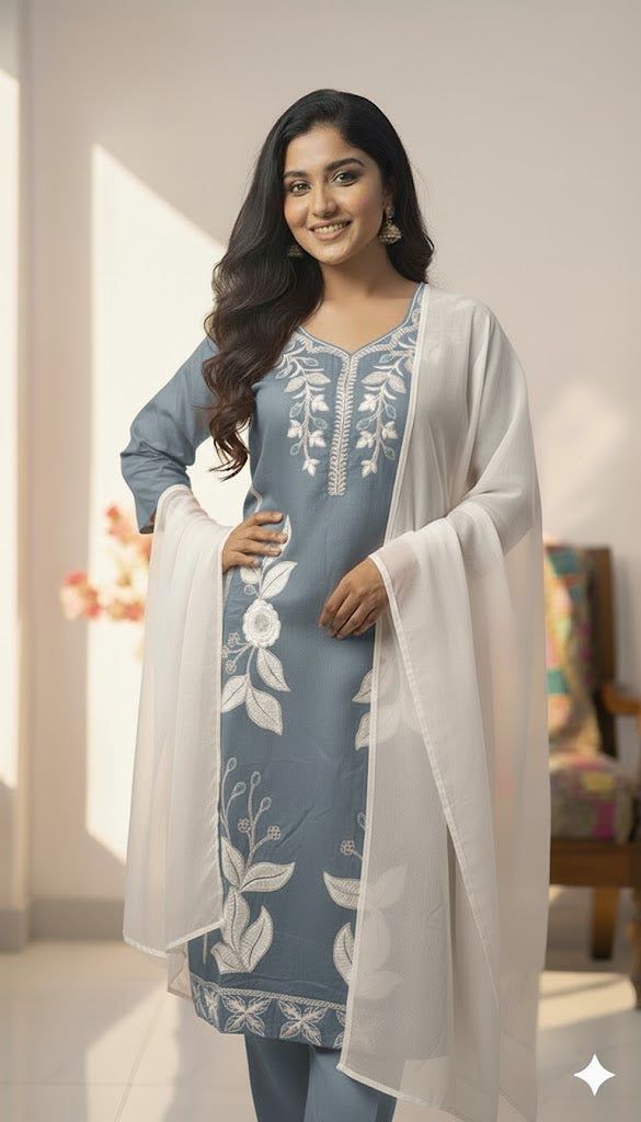 Pink Embroidered Kurti Pant Dupatta Set for Women | Elegant Floral Design Ethnic Wear