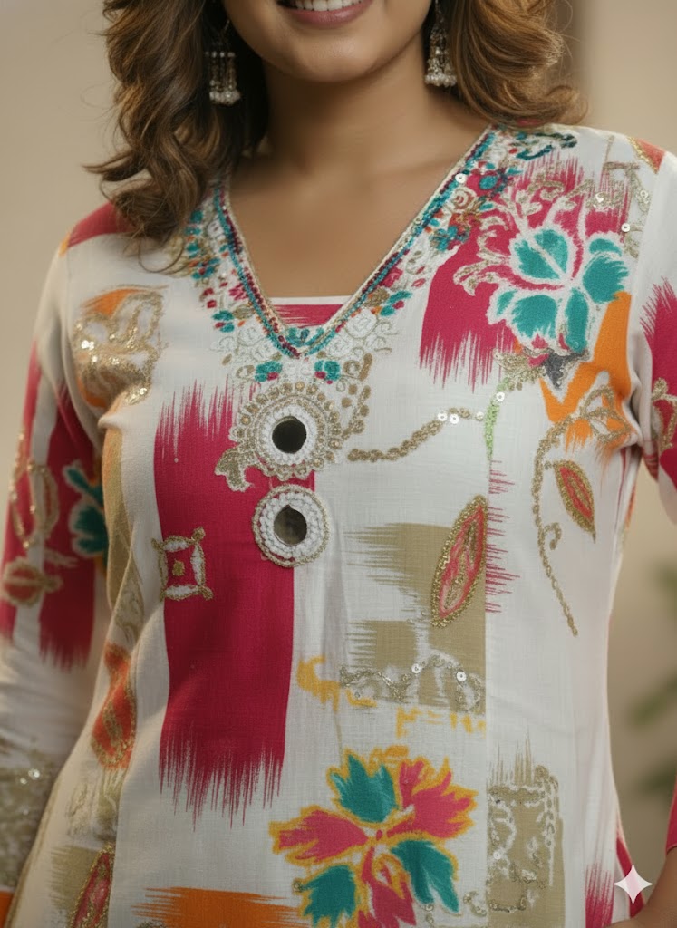 Multicolor Floral Printed Kurti for Women | Embellished Neck Designer Cotton Kurta