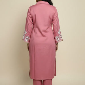 Pink Embroidered Cotton Kurti Set for Women | Elegant Floral Design Traditional Wear
