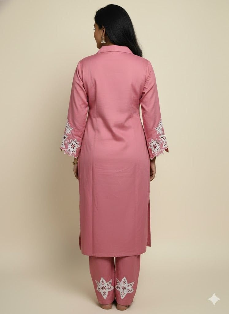 Pink Embroidered Cotton Kurti Set for Women | Elegant Floral Design Traditional Wear