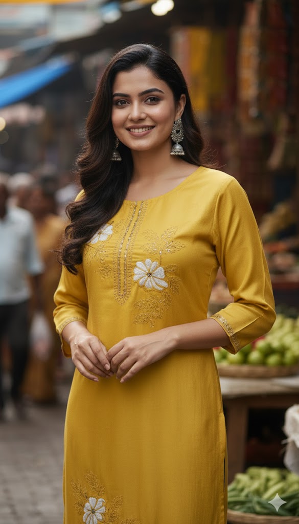 Mustard Floral Printed Cotton Kurti for Women | Stylish Daily Wear Long Straight Kurta