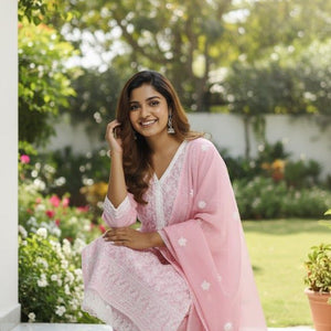 Pink Embroidered Kurti Pant Dupatta Set for Women | Elegant Pastel Traditional Ethnic Wear